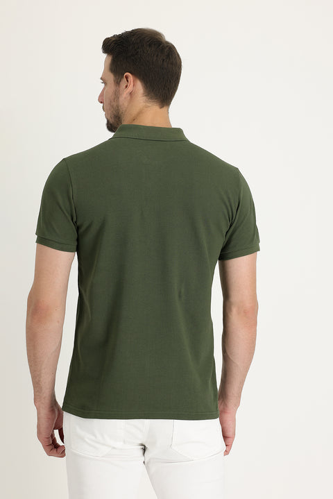 Asker Haki Cepli Polo Yaka Regular Fit Nakışlı Pamuk Tişört