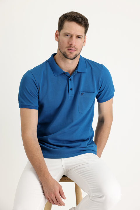Koyu Petrol Cepli Polo Yaka Regular Fit Nakışlı Pamuk Tişört