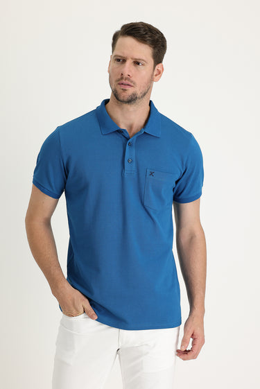 Koyu Petrol Cepli Polo Yaka Regular Fit Nakışlı Pamuk Tişört