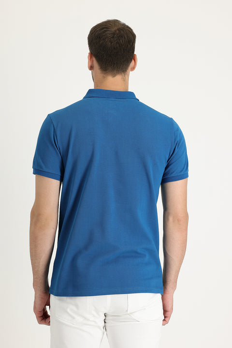 Koyu Petrol Cepli Polo Yaka Regular Fit Nakışlı Pamuk Tişört