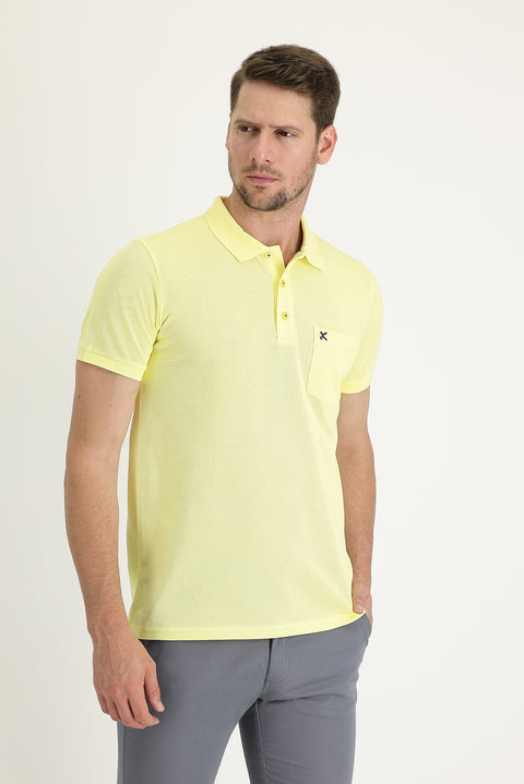 Koyu Sarı Cepli Polo Yaka Regular Fit Nakışlı Pamuk Tişört