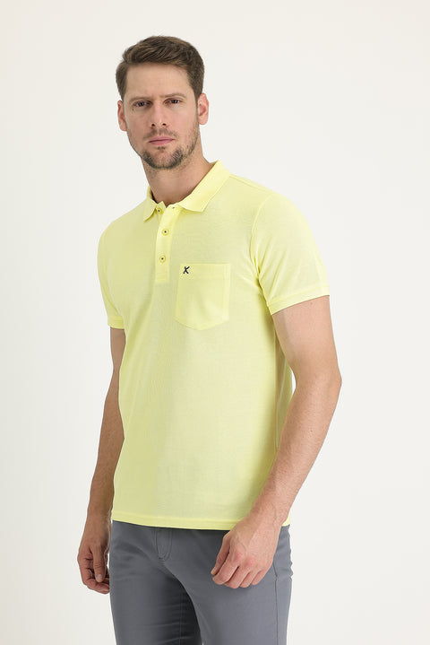 Koyu Sarı Cepli Polo Yaka Regular Fit Nakışlı Pamuk Tişört