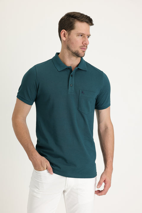 Zümrüt Yeşili Cepli Polo Yaka Regular Fit Nakışlı Pamuk Tişört