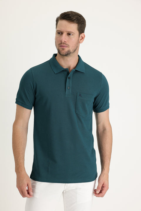 Zümrüt Yeşili Cepli Polo Yaka Regular Fit Nakışlı Pamuk Tişört