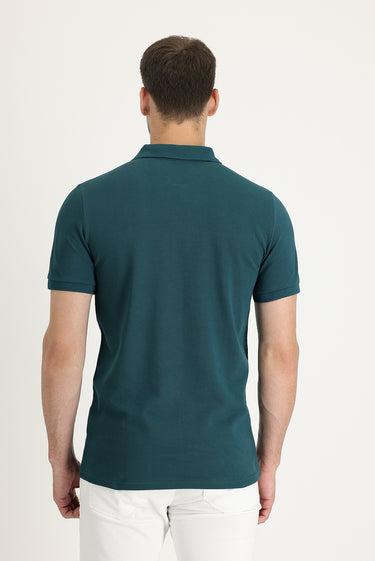 Zümrüt Yeşili Cepli Polo Yaka Regular Fit Nakışlı Pamuk Tişört