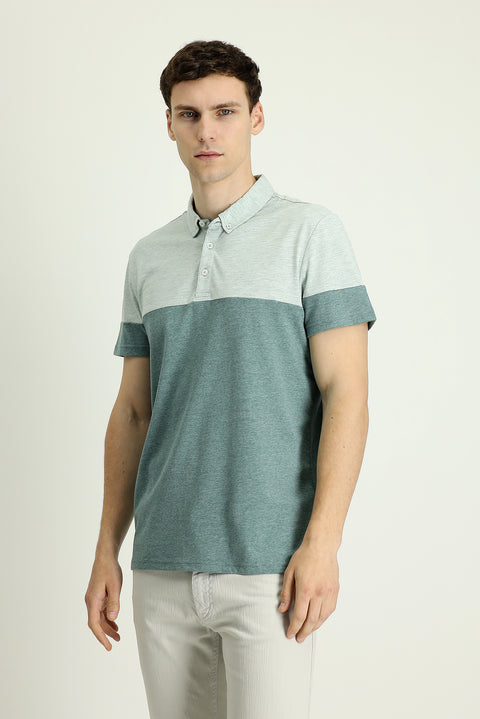 Su Yeşili Polo Yaka Regular Fit Desenli Tişört