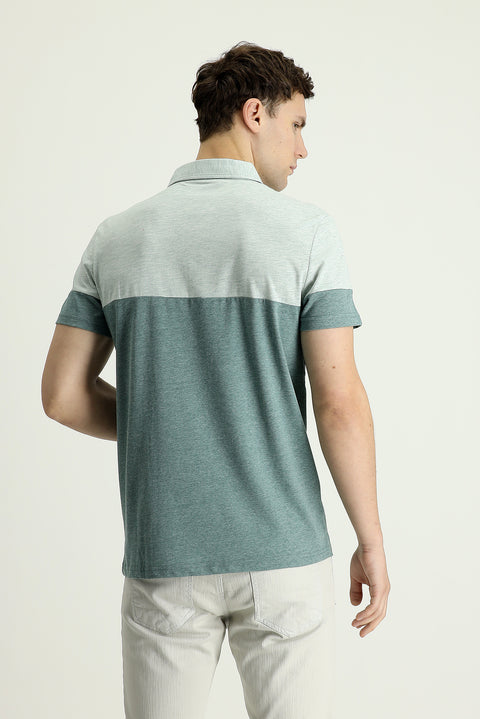 Su Yeşili Polo Yaka Regular Fit Desenli Tişört