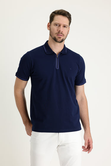 Koyu Lacivert Polo Yaka Regular Fit Fermuarlı Nakışlı Pamuk Tişört