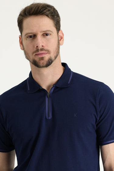 Koyu Lacivert Polo Yaka Regular Fit Fermuarlı Nakışlı Pamuk Tişört
