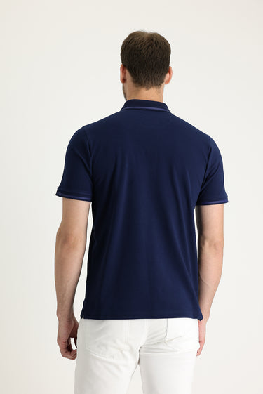 Koyu Lacivert Polo Yaka Regular Fit Fermuarlı Nakışlı Pamuk Tişört