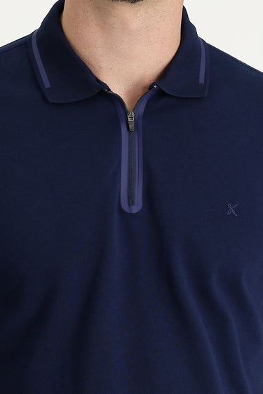 Koyu Lacivert Polo Yaka Regular Fit Fermuarlı Nakışlı Pamuk Tişört