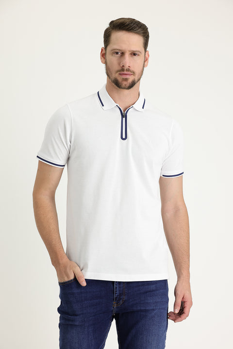 Beyaz Polo Yaka Regular Fit Fermuarlı Nakışlı Pamuk Tişört