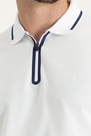  Beyaz Polo Yaka Regular Fit Fermuarlı Nakışlı Pamuk Tişört