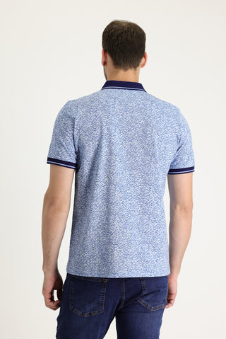  Mavi Polo Yaka Slim Fit Dar Kesim Desenli Pamuk Tişört