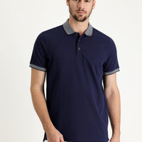 Orta Lacivert Polo Yaka Regular Fit Desenli Nakışlı Pamuk Tişört