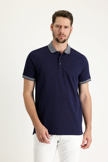 Orta Lacivert Polo Yaka Regular Fit Desenli Nakışlı Pamuk Tişört