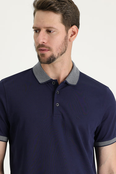 Orta Lacivert Polo Yaka Regular Fit Desenli Nakışlı Pamuk Tişört