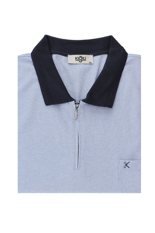  Mavi Büyük Beden Polo Yaka Regular Fit Fermuarlı Tişört