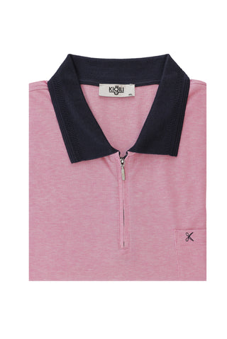  Orta Pembe Büyük Beden Polo Yaka Regular Fit Fermuarlı Tişört