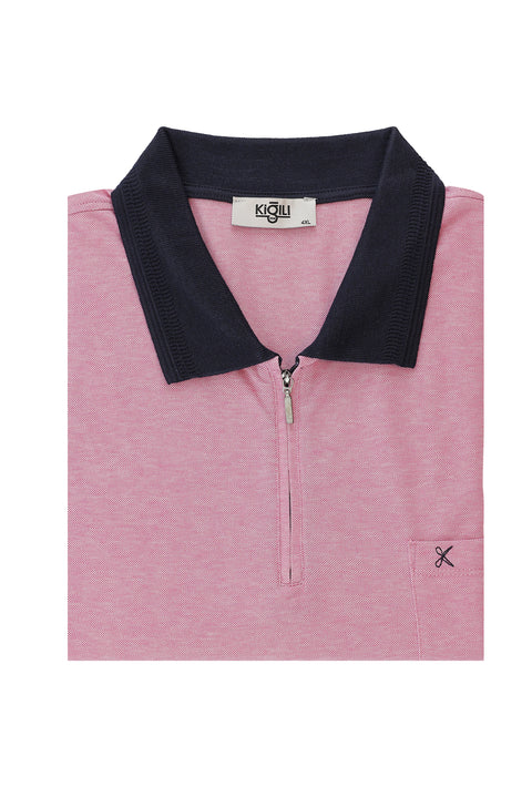 Medium Pink Plus Size Polo Collar Regular Fit Zip-Up T-Shirt