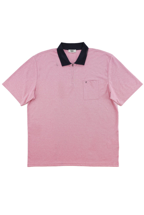 Medium Pink Plus Size Polo Collar Regular Fit Zip-Up T-Shirt