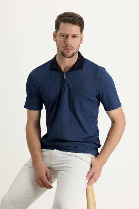 Koyu Lacivert Cepli Polo Yaka Regular Fit Fermuarlı Nakışlı Tişört