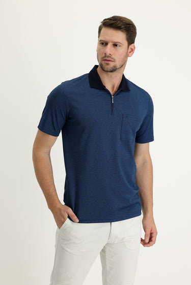 Koyu Lacivert Cepli Polo Yaka Regular Fit Fermuarlı Nakışlı Tişört