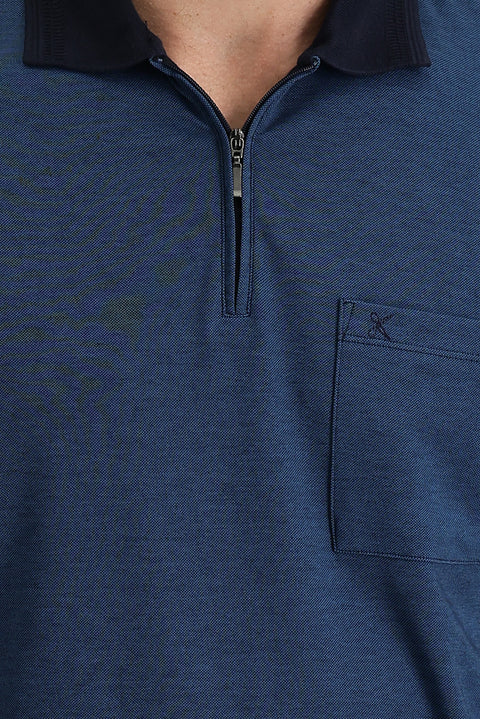 Koyu Lacivert Cepli Polo Yaka Regular Fit Fermuarlı Nakışlı Tişört