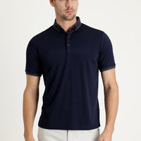 Koyu Lacivert Polo Yaka Regular Fit Nakışlı Tişört