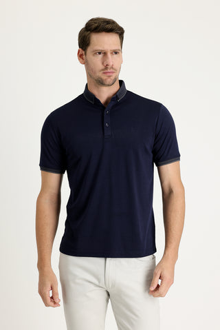  Koyu Lacivert Polo Yaka Regular Fit Nakışlı Tişört