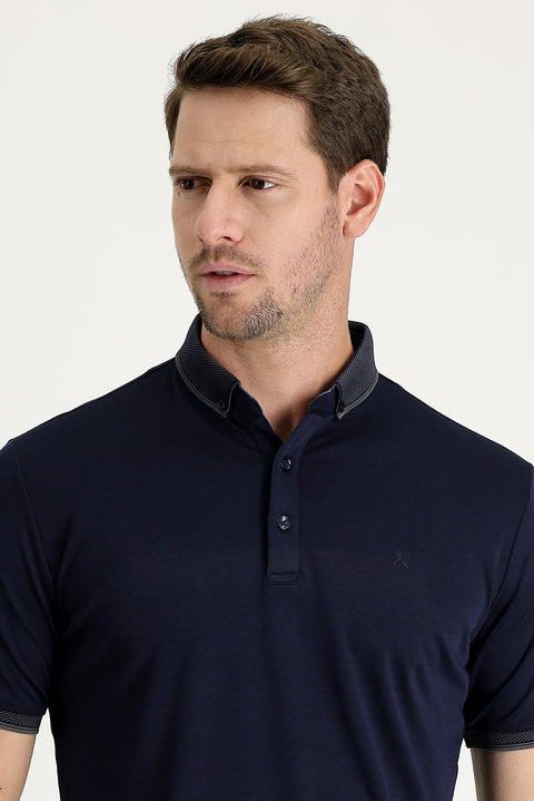 Koyu Lacivert Polo Yaka Regular Fit Nakışlı Tişört