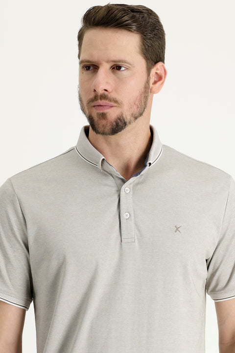 Orta Bej Polo Yaka Regular Fit Nakışlı Tişört