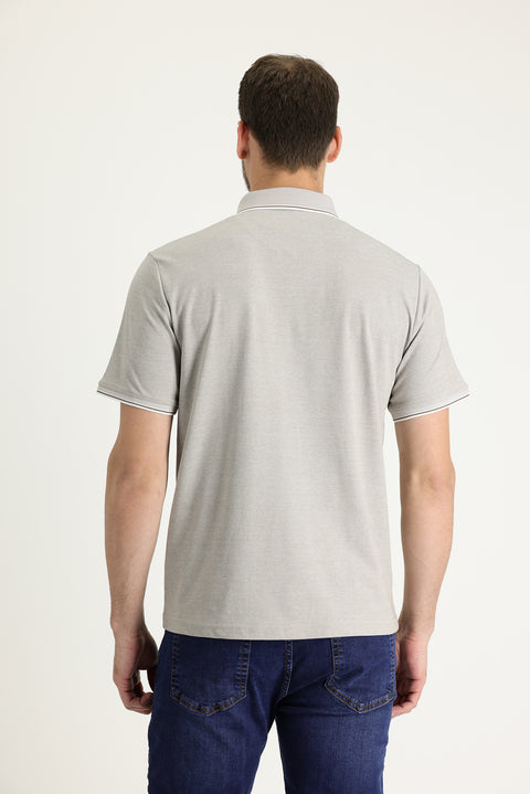 Orta Bej Polo Yaka Regular Fit Nakışlı Tişört