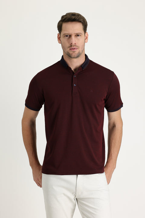 Koyu Bordo Polo Yaka Regular Fit Nakışlı Tişört