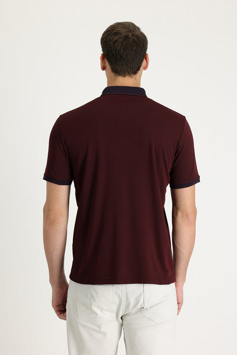 Koyu Bordo Polo Yaka Regular Fit Nakışlı Tişört