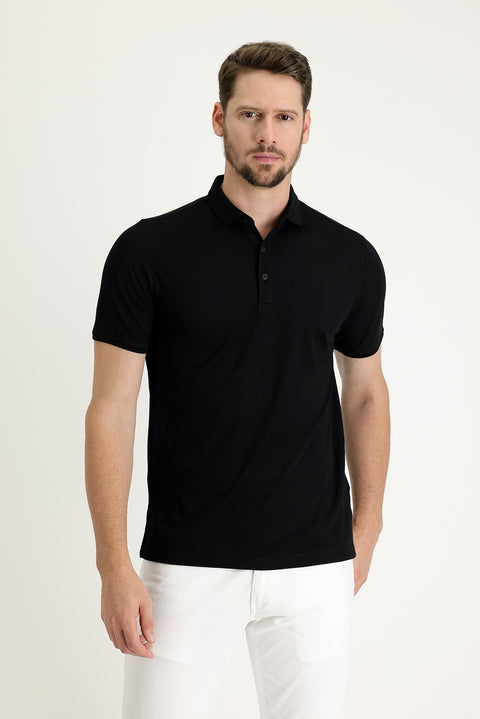 Siyah Polo Yaka Regular Fit Nakışlı Tişört
