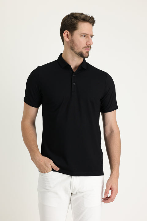 Siyah Polo Yaka Regular Fit Nakışlı Tişört
