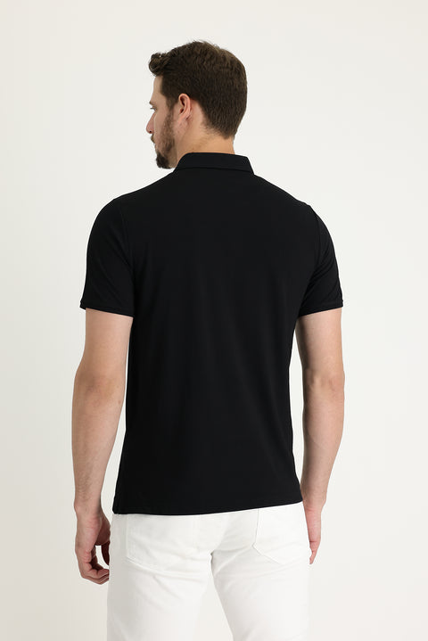 Siyah Polo Yaka Regular Fit Nakışlı Tişört