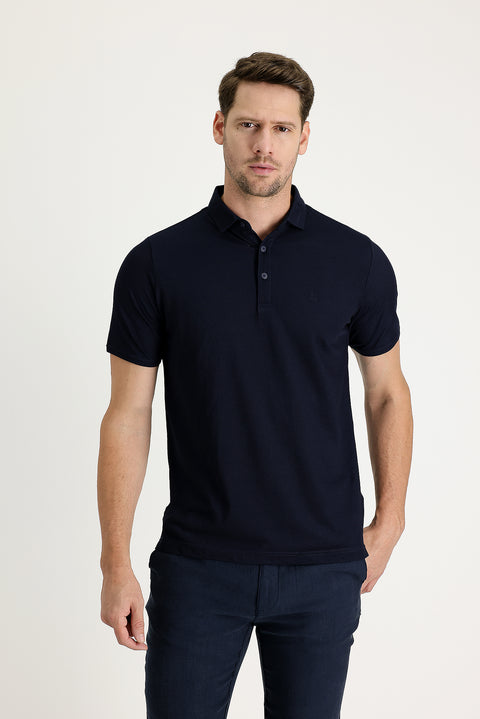 Koyu Lacivert Polo Yaka Regular Fit Nakışlı Tişört