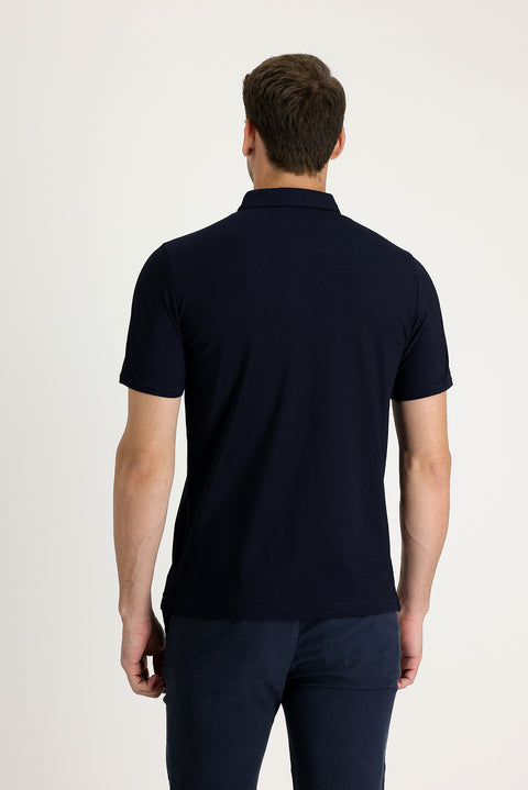 Koyu Lacivert Polo Yaka Regular Fit Nakışlı Tişört