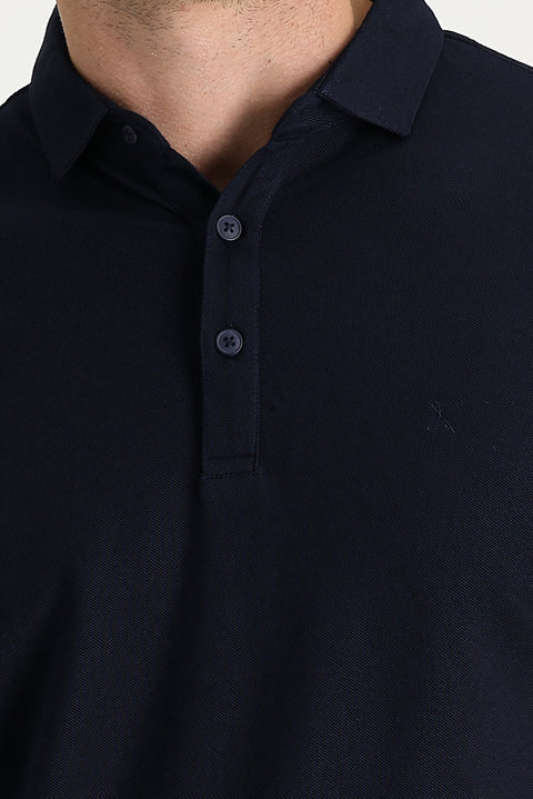 Koyu Lacivert Polo Yaka Regular Fit Nakışlı Tişört