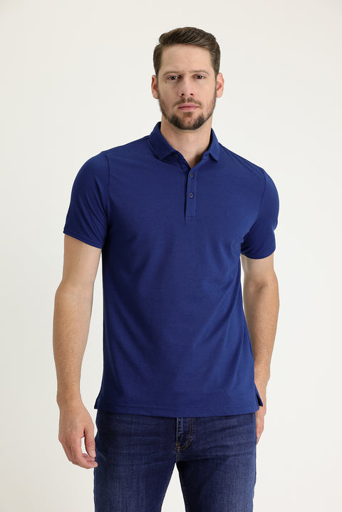 Saks Mavi Polo Yaka Regular Fit Nakışlı Tişört