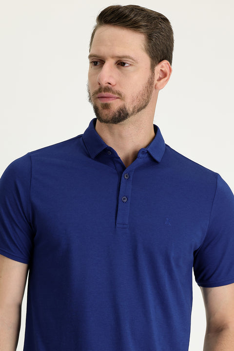 Saks Mavi Polo Yaka Regular Fit Nakışlı Tişört