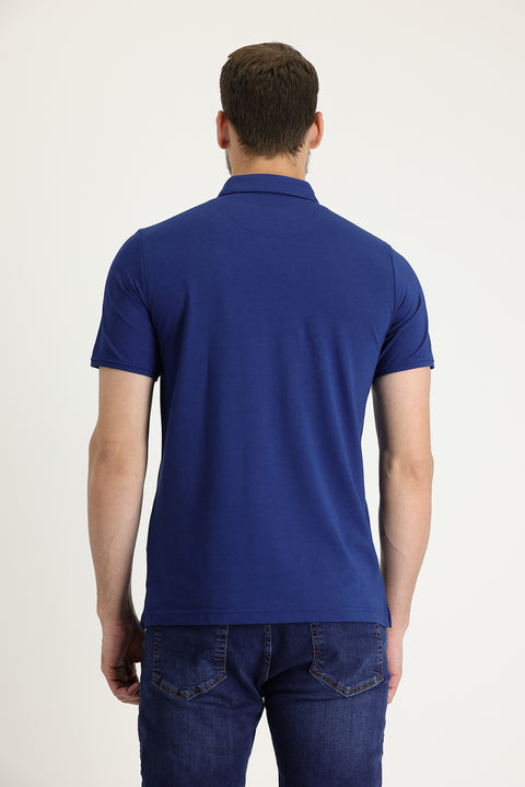 Saks Mavi Polo Yaka Regular Fit Nakışlı Tişört