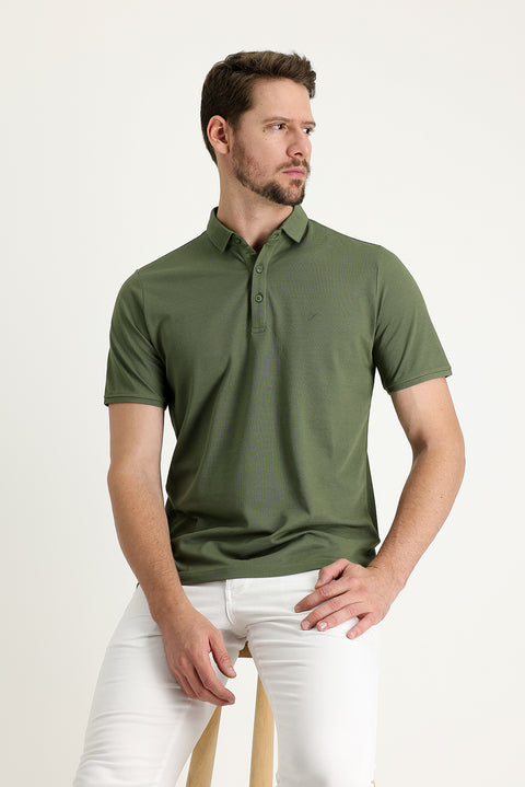 Orta Haki Polo Yaka Regular Fit Nakışlı Tişört