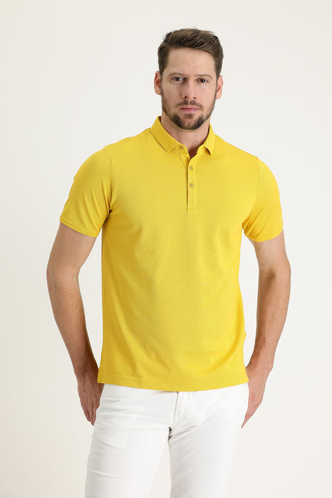 Limon Sarı Polo Yaka Regular Fit Nakışlı Tişört