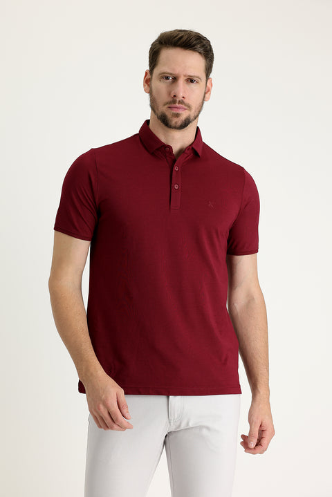 Şarap Bordo Polo Yaka Regular Fit Nakışlı Tişört