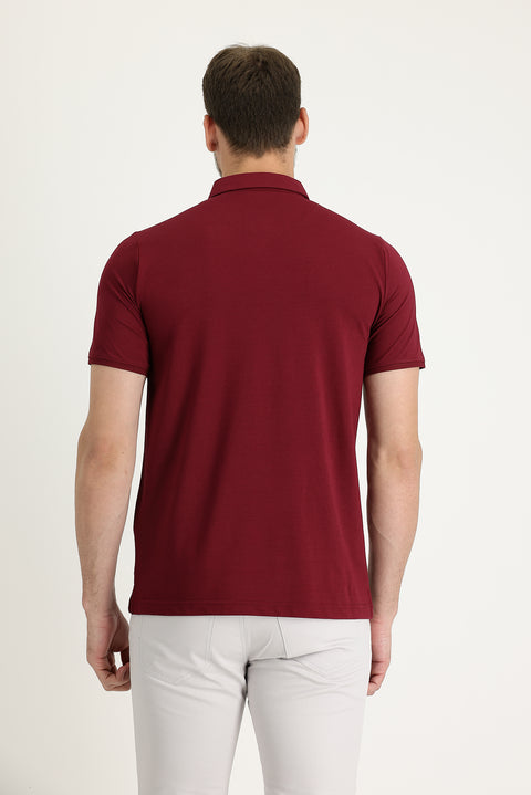 Şarap Bordo Polo Yaka Regular Fit Nakışlı Tişört
