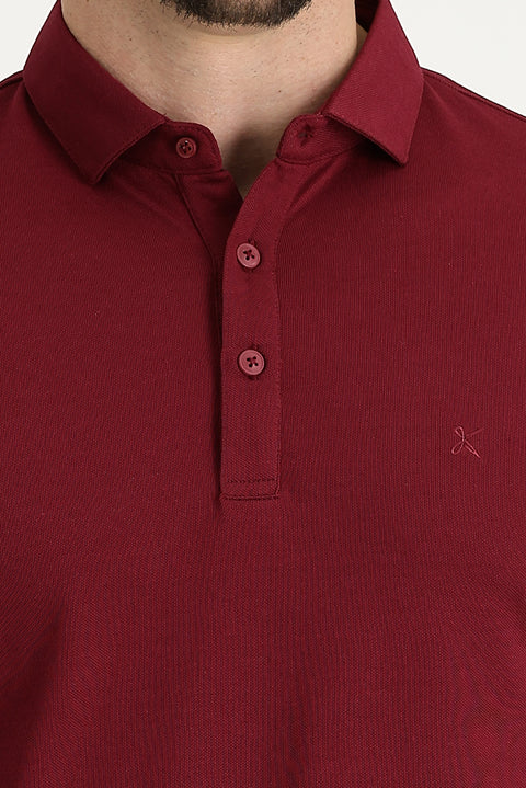 Şarap Bordo Polo Yaka Regular Fit Nakışlı Tişört