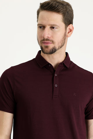  Koyu Bordo Polo Yaka Regular Fit Nakışlı Tişört